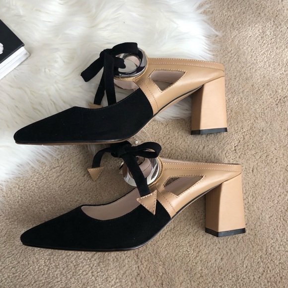 Leather Suede Bow Tie Mid Heel - Picture 2 of 8